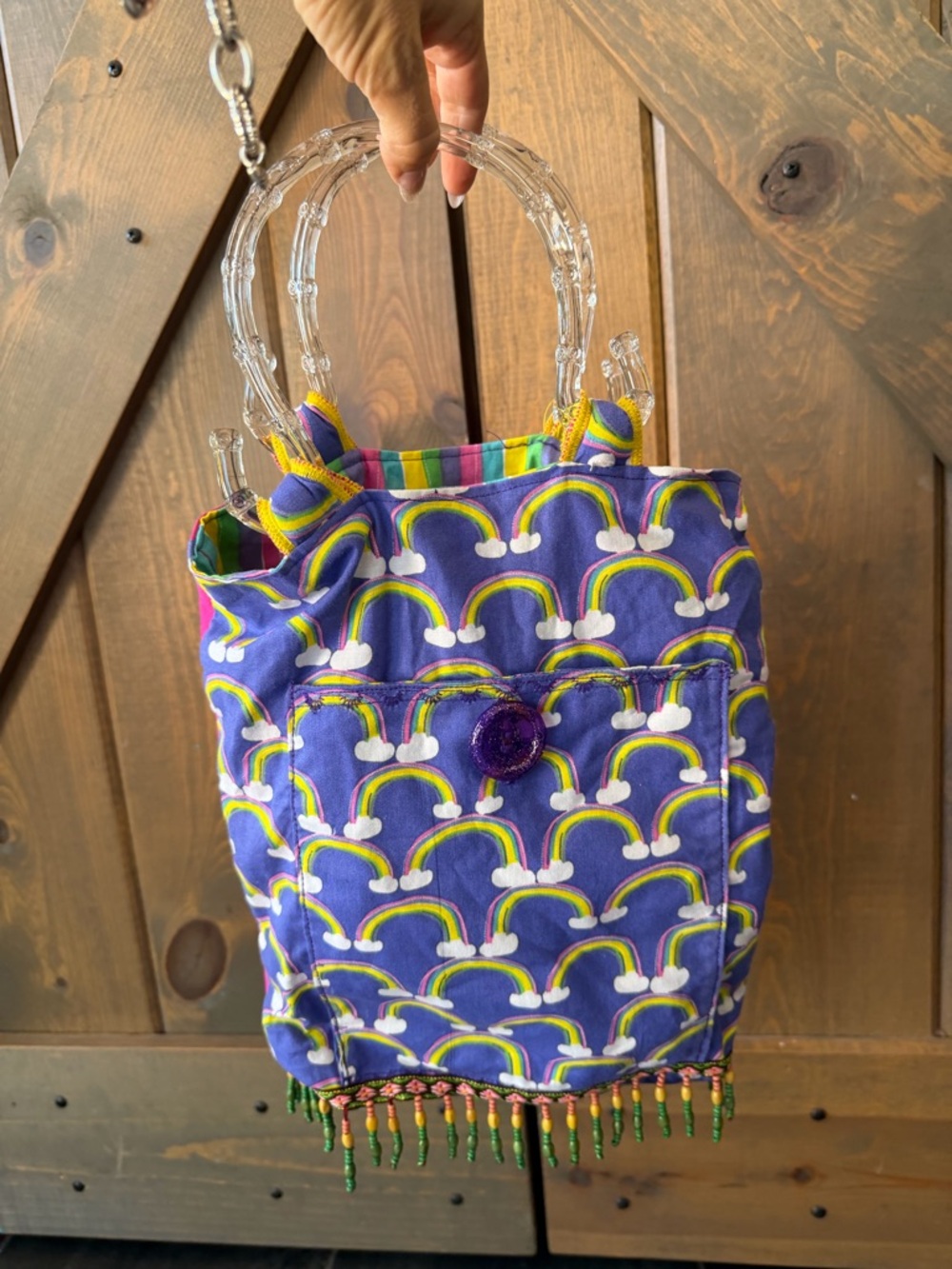 Purple Rainbow Print Beaded-Trim Tote Bag